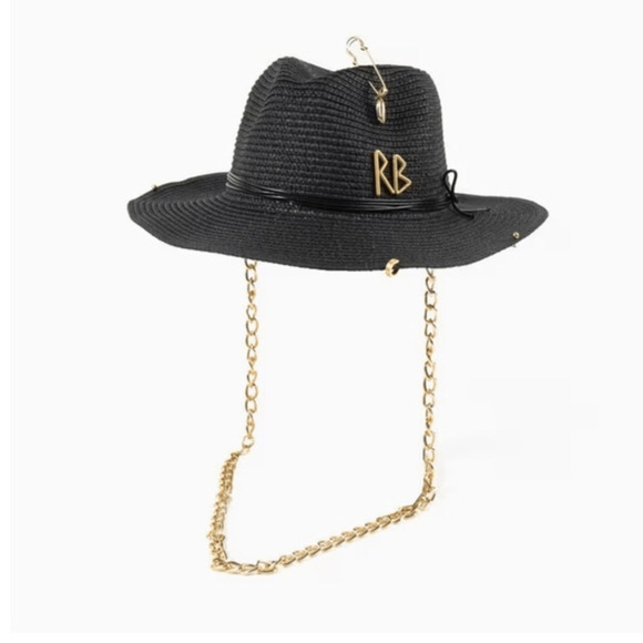 NEW LIKE RUSLIN BAGINSKI Black Wide Brim Fedora Hat with Gold Chain D main image 11